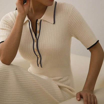 Eveloria Damen Kleid Gerippt Kontrastkragen