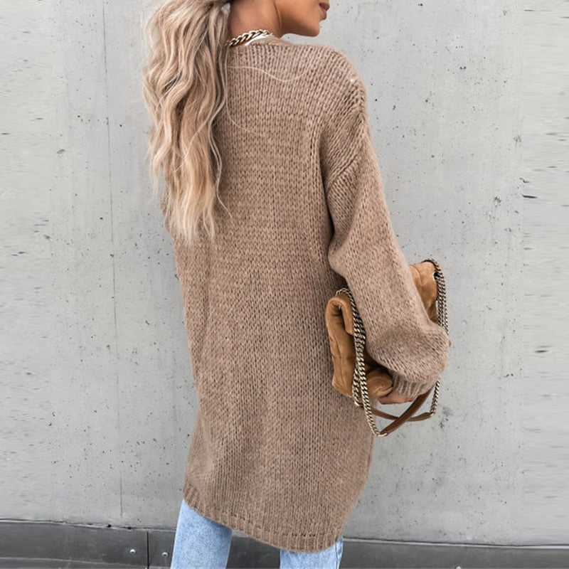 Eveloria Damen Langjacke Gestrickt Beige - Eveloria