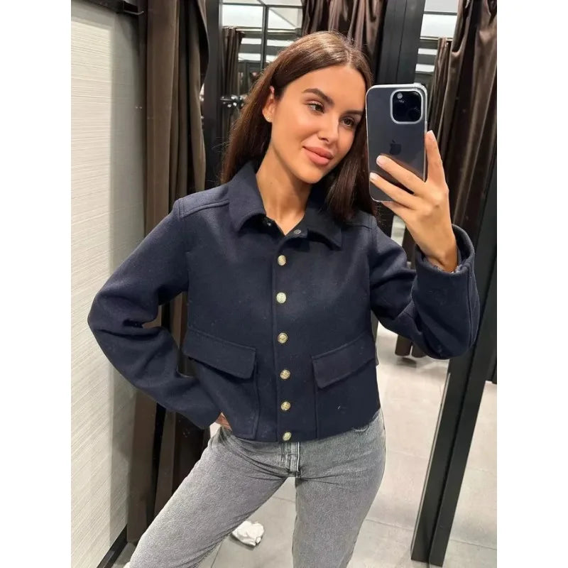 Damen Smart-Casual Jacke Kurz Knopfleiste Schwarz - Eveloria