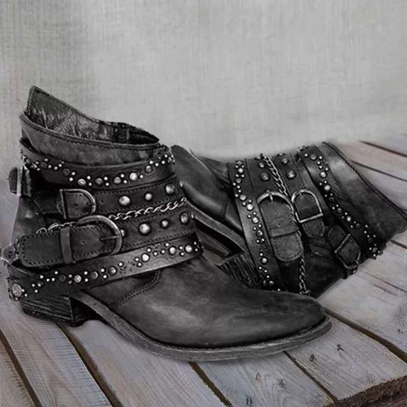 Eveloria Damen Knöchelstiefel Leder Western-Design Niedriger Absatz