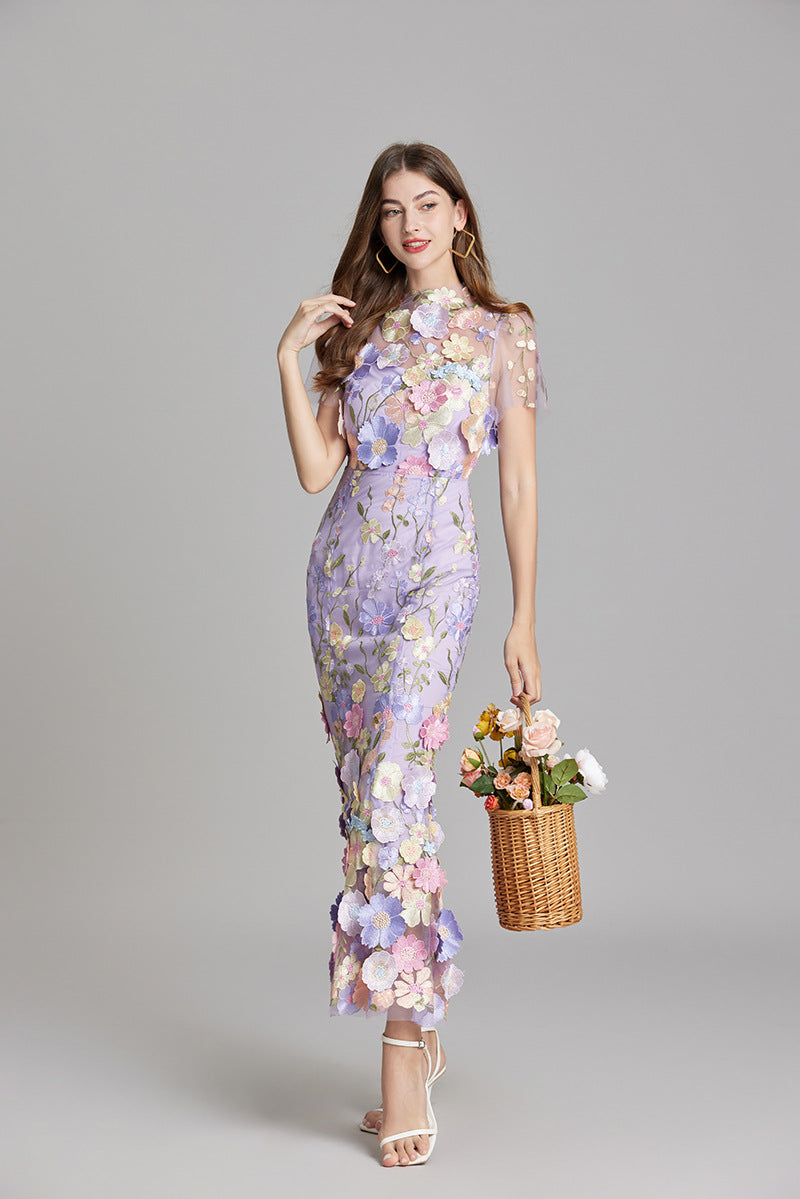 Damen Maxikleid Transparent mit Blumenstickerei