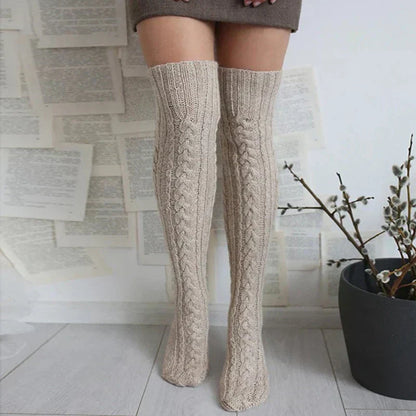 Damen Strick Overknee Socken Warm Weich Zopfmuster Beige - Eveloria