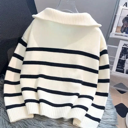 Eveloria Damen Pullover Mit Reißverschluss Weiß Gestreift