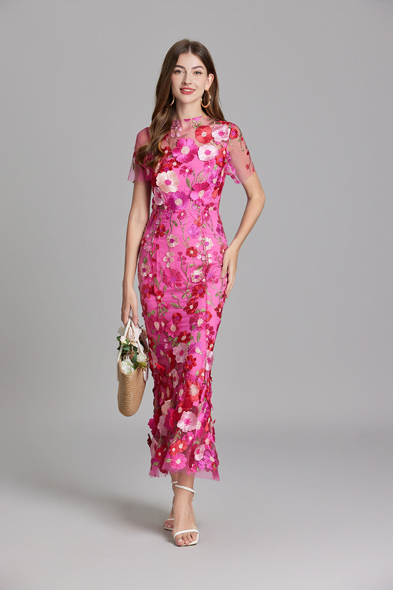 Damen Maxikleid Transparent mit Blumenstickerei