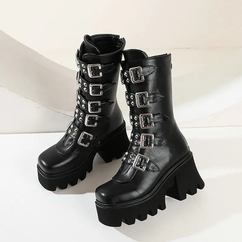 Damen Gothic Stiefel Hochabsatz Chunky