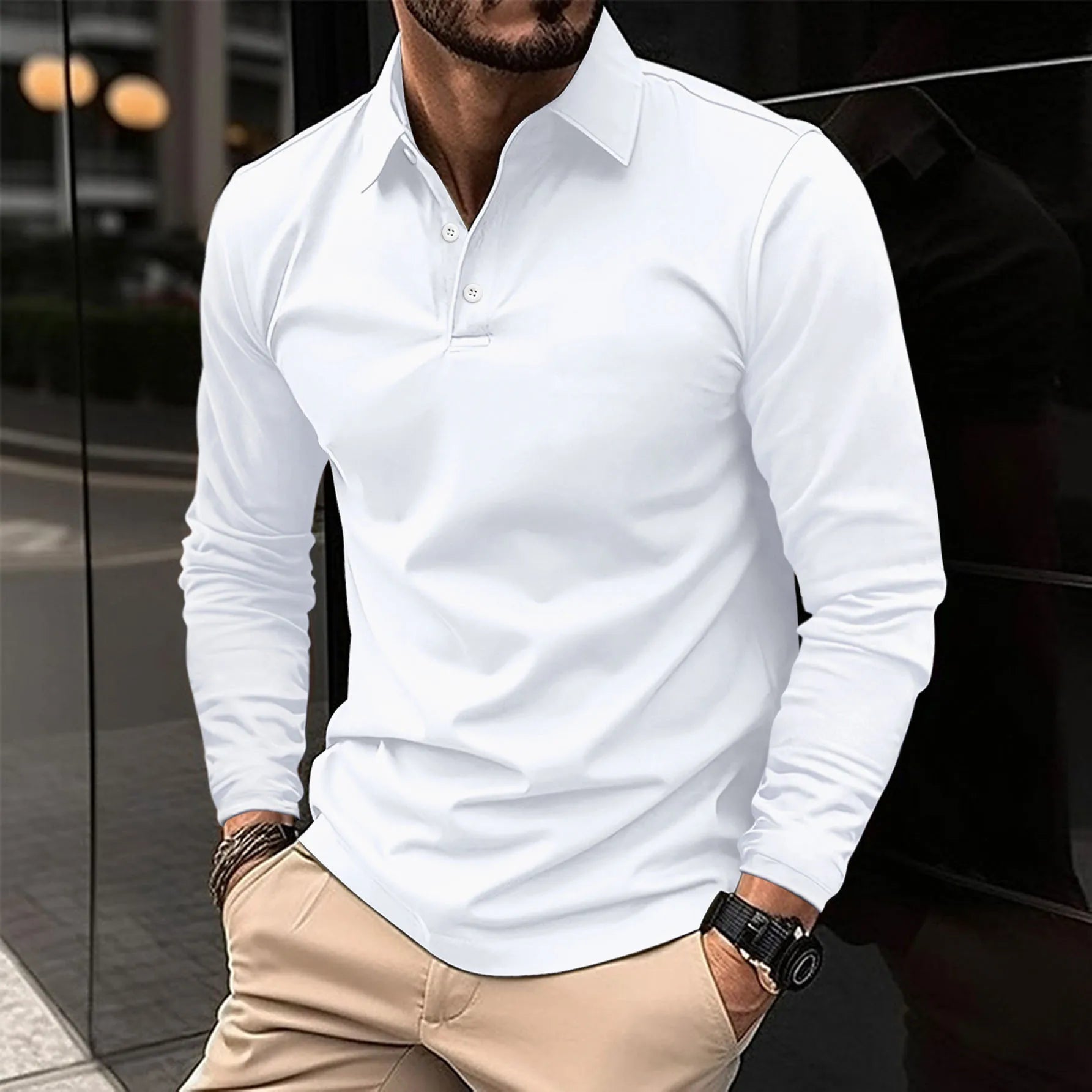 Herren Langarm Polo-Shirt Lässig Baumwolle Weiß - Eveloria