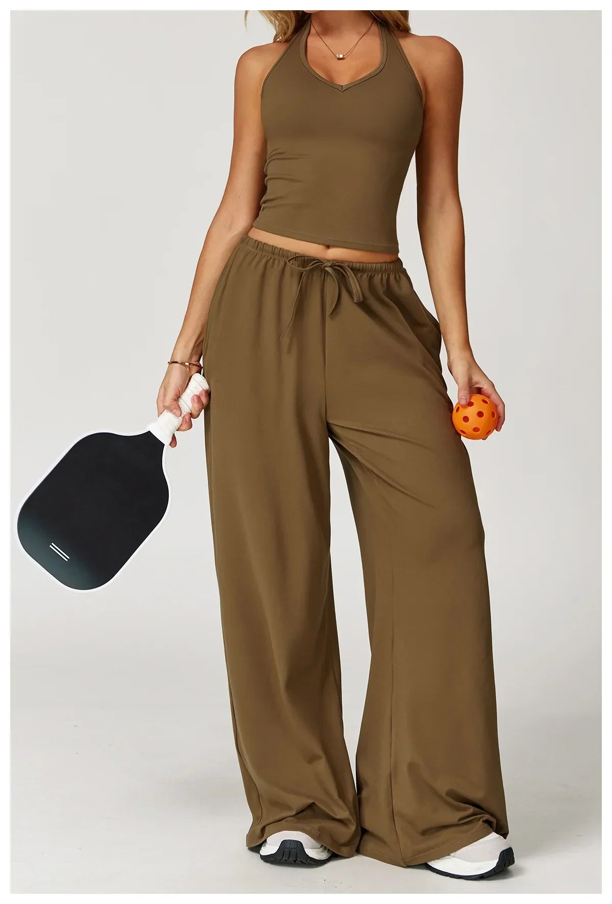 Damen Lounge Set Crop und Hose Baumwolle Beige