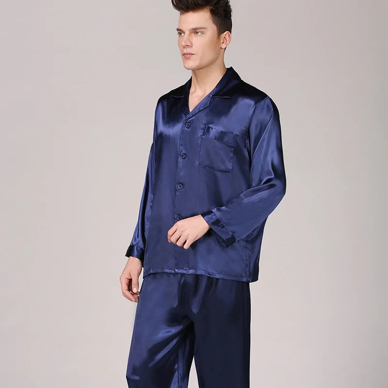 Herren Seidenpyjama Langarm Satin Geknöpft Schwarz - Eveloria