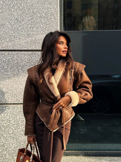 Damen Kunstlederjacke mit Fleecefutter und Bindegürtel Schwarz - Eveloria