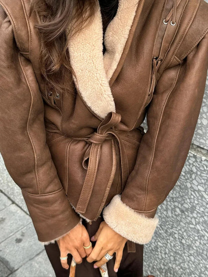 Damen Kunstlederjacke mit Fleecefutter und Bindegürtel