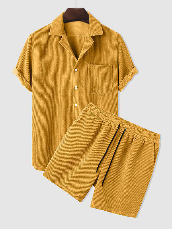 Herren Cord Kurzarm Hemd Shorts Set Anthrazit - Eveloria