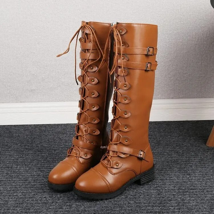 Damen Kniehohe Stiefel Schnürung Robust