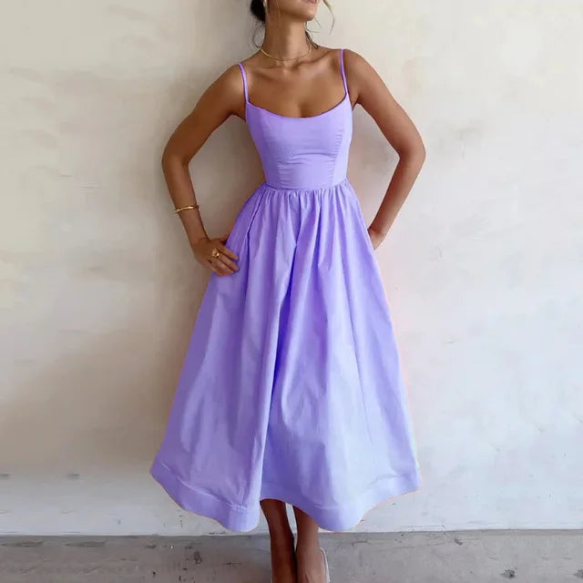 Damen A-Linien Kleid Spaghettiträger Midi