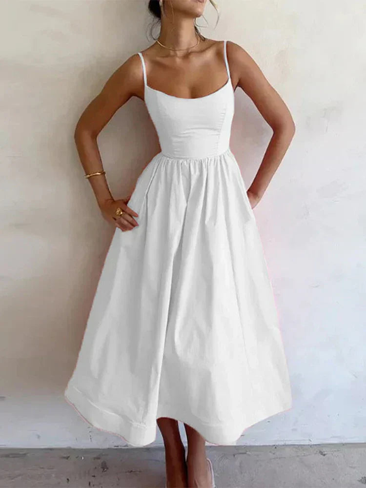 Damen A-Linien Kleid Spaghettiträger Midi