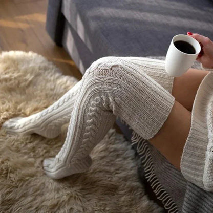 Damen Strick Overknee Socken Warm Weich Zopfmuster Beige