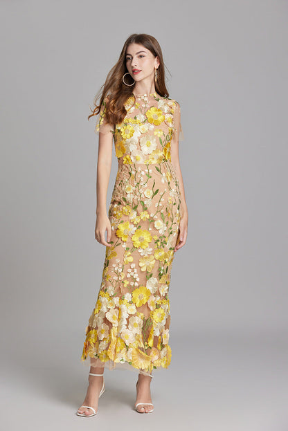 Damen Maxikleid Transparent mit Blumenstickerei