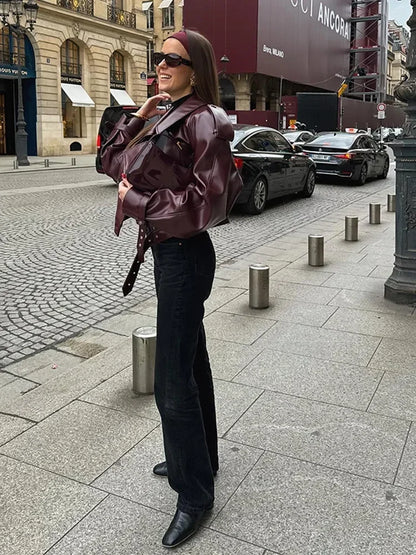 Damen Oversize Lederjacke Burgunder mit Gürtel