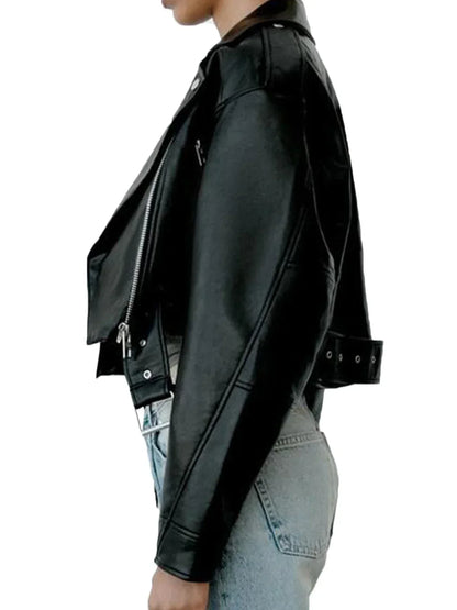Damen Bikerjacke Cropped Asymmetrisch Leder