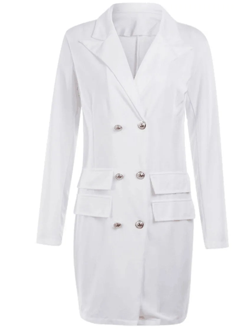 Damen Blaue Bürojacke Elegant Langarm Weiß