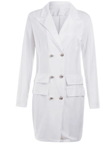 Damen Blaue Bürojacke Elegant Langarm Weiß