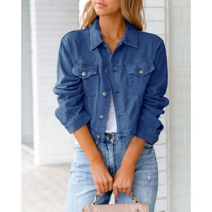 Damen Denim-Jacke Kurz Knopf Ärmel Blau