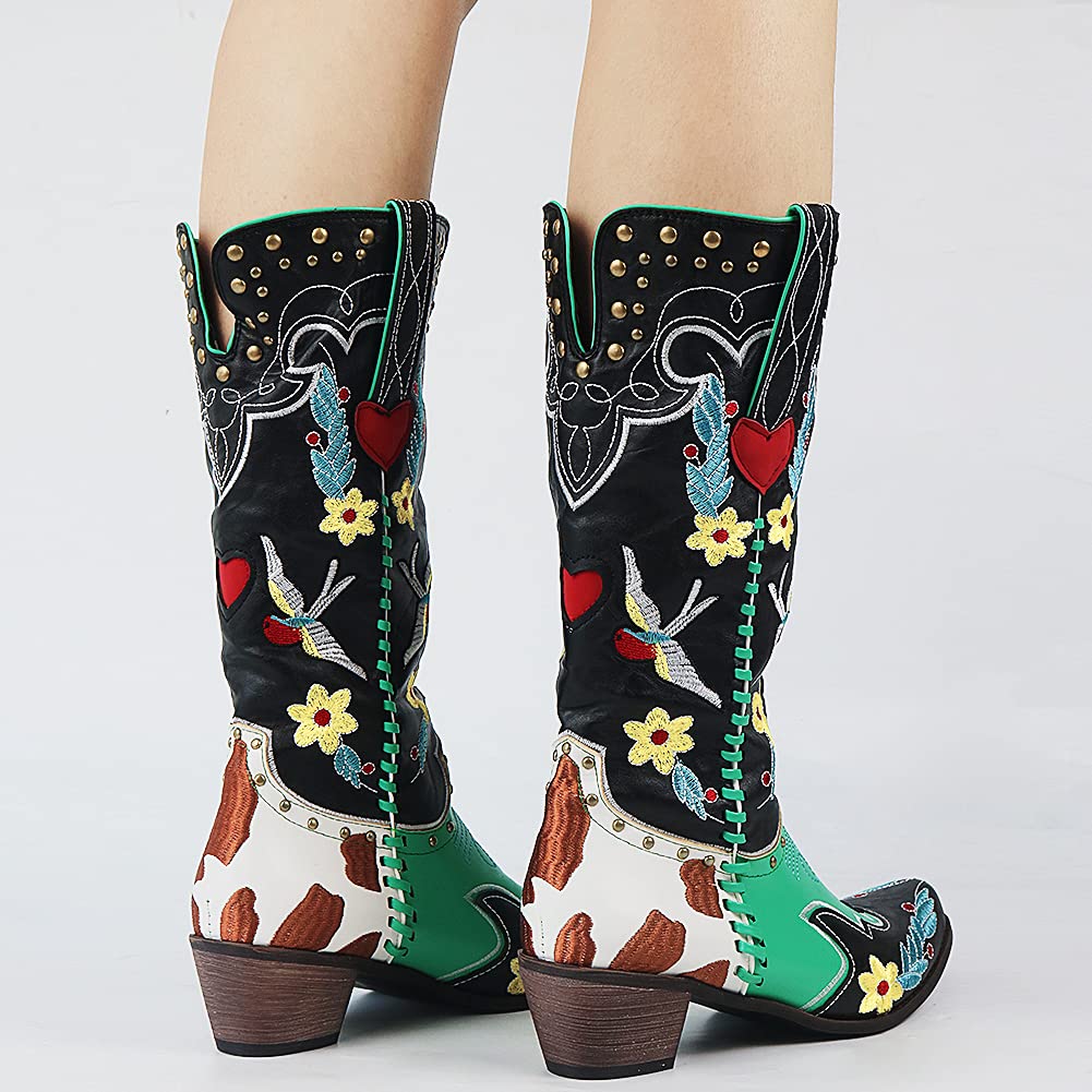 Damen Cowboy-Stiefel Bestickt Bunt Blumen Blockabsatz