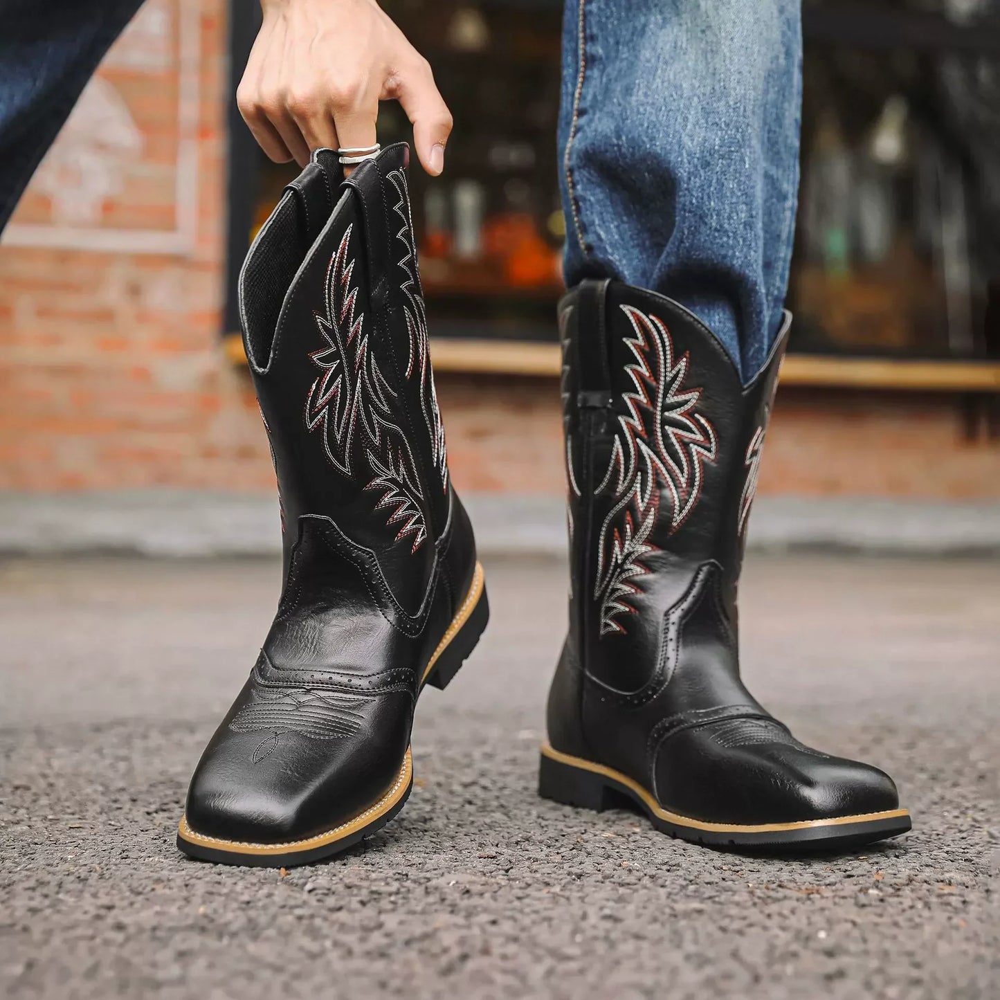 Herren Western Boots Mittelhoch Stickerei Braun