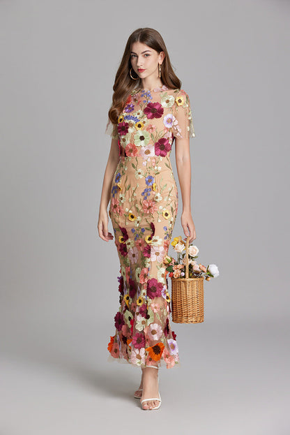 Damen Maxikleid Transparent mit Blumenstickerei