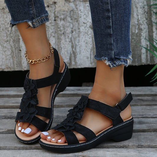Eveloria Damen Orthopädische Sandalen Schwarz Blumenmuster - Eveloria