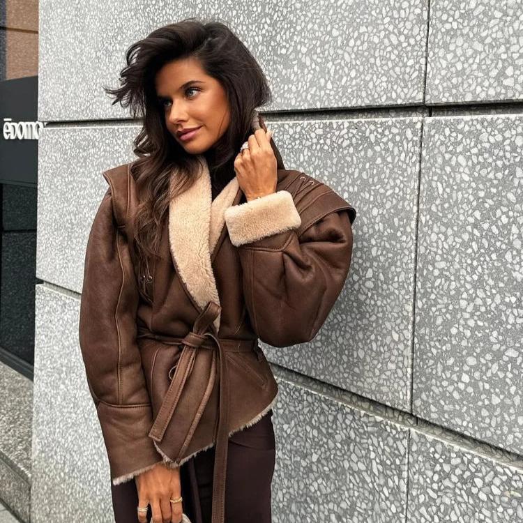 Paloma Damen Kunstlederjacke Teddyfutter Schnürung