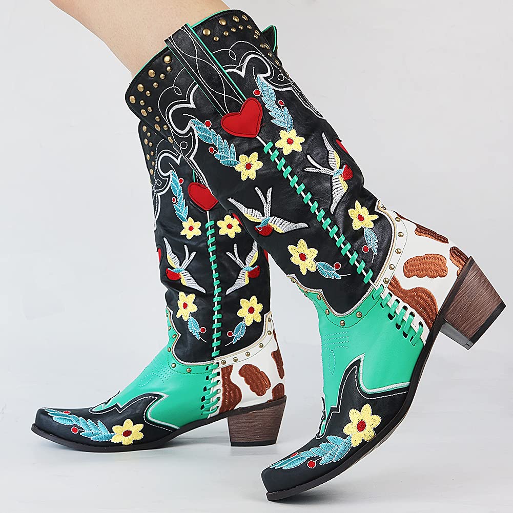 Damen Cowboy-Stiefel Bestickt Bunt Blumen Blockabsatz - Eveloria