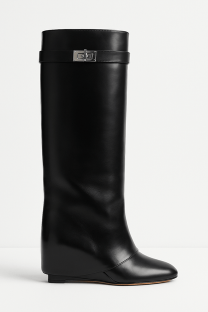 Damen Stiefel Keilabsatz Spitze Schuhspitze Schwarz - Eveloria