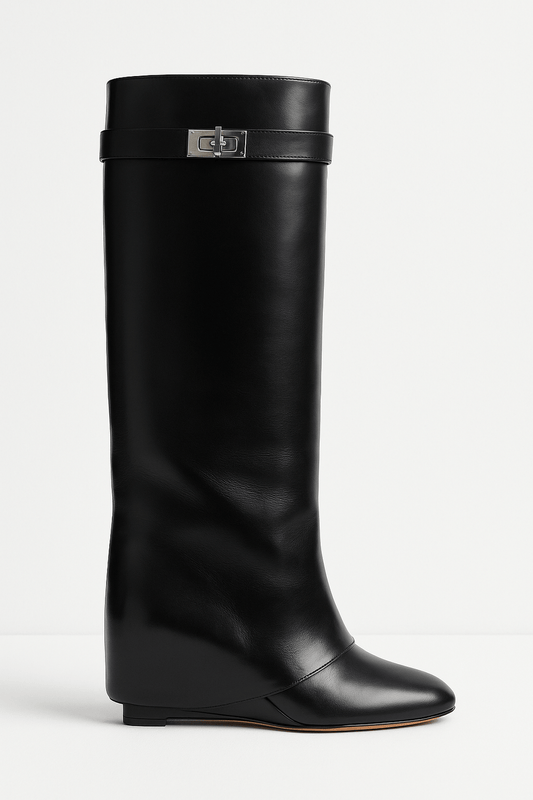 Damen Stiefel Keilabsatz Spitze Schuhspitze Schwarz - Eveloria
