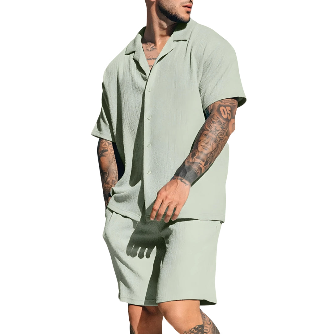 Männer Leinen Kurzarm Shirt & Shorts Set Sommer Zweiteiler Beige - Eveloria