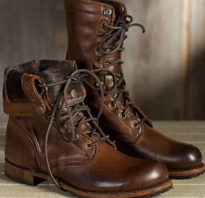 Eveloria Damen Schnürstiefel Leder Runde Zehe Robust Mittelhohes - Eveloria