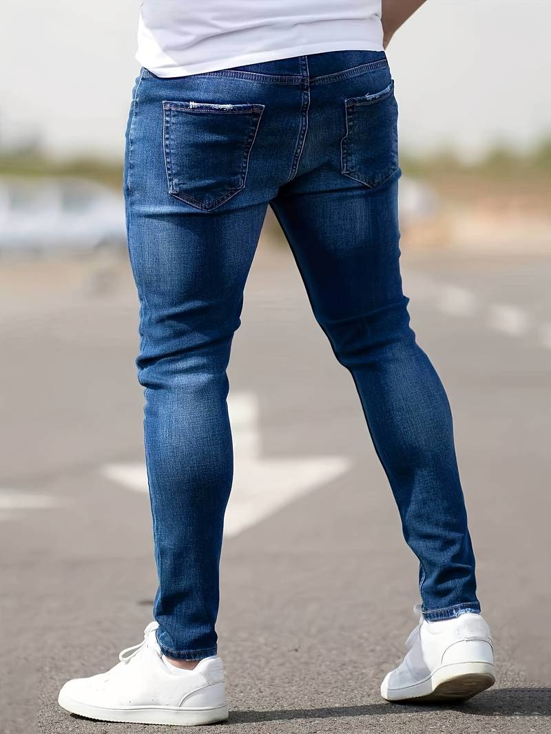 Herren Skinny Jeans Blau Zerrissene Knie Slim Fit - Eveloria