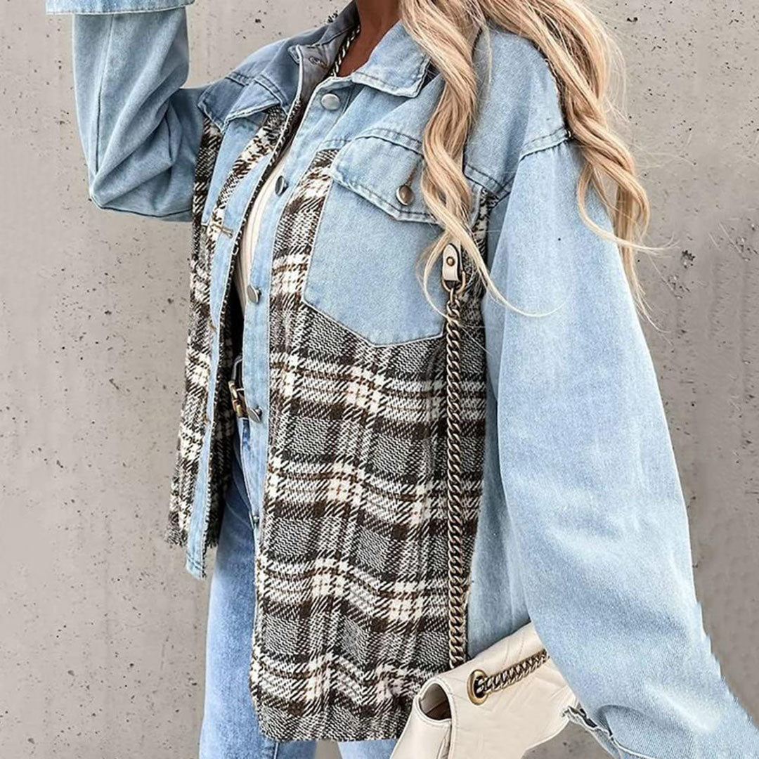 Eveloria Damen Jeansjacke Kariert