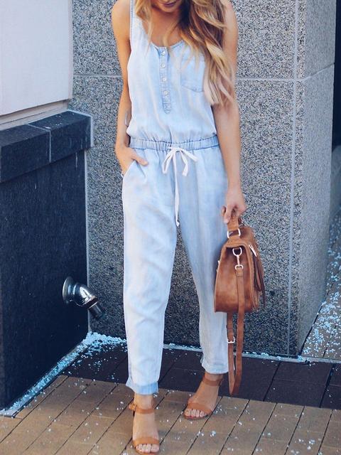 Eveloria Damen Ärmellose Denim Jumpsuit Slim Fit Taille