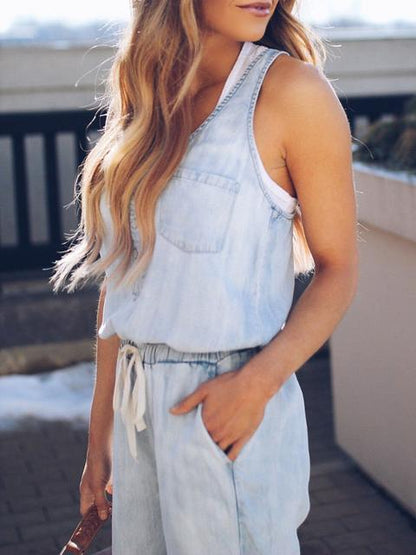 Eveloria Damen Ärmellose Denim Jumpsuit Slim Fit Taille