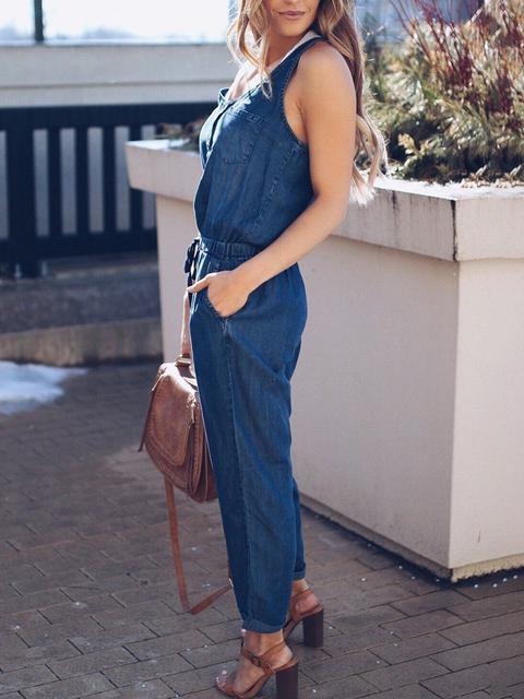 Eveloria Damen Ärmellose Denim Jumpsuit Slim Fit Taille