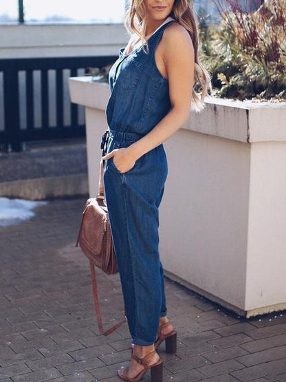 Eveloria Damen Ärmellose Denim Jumpsuit Slim Fit Taille