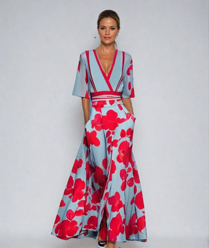 Damen Blumenmuster Maxikleid V-Ausschnitt
