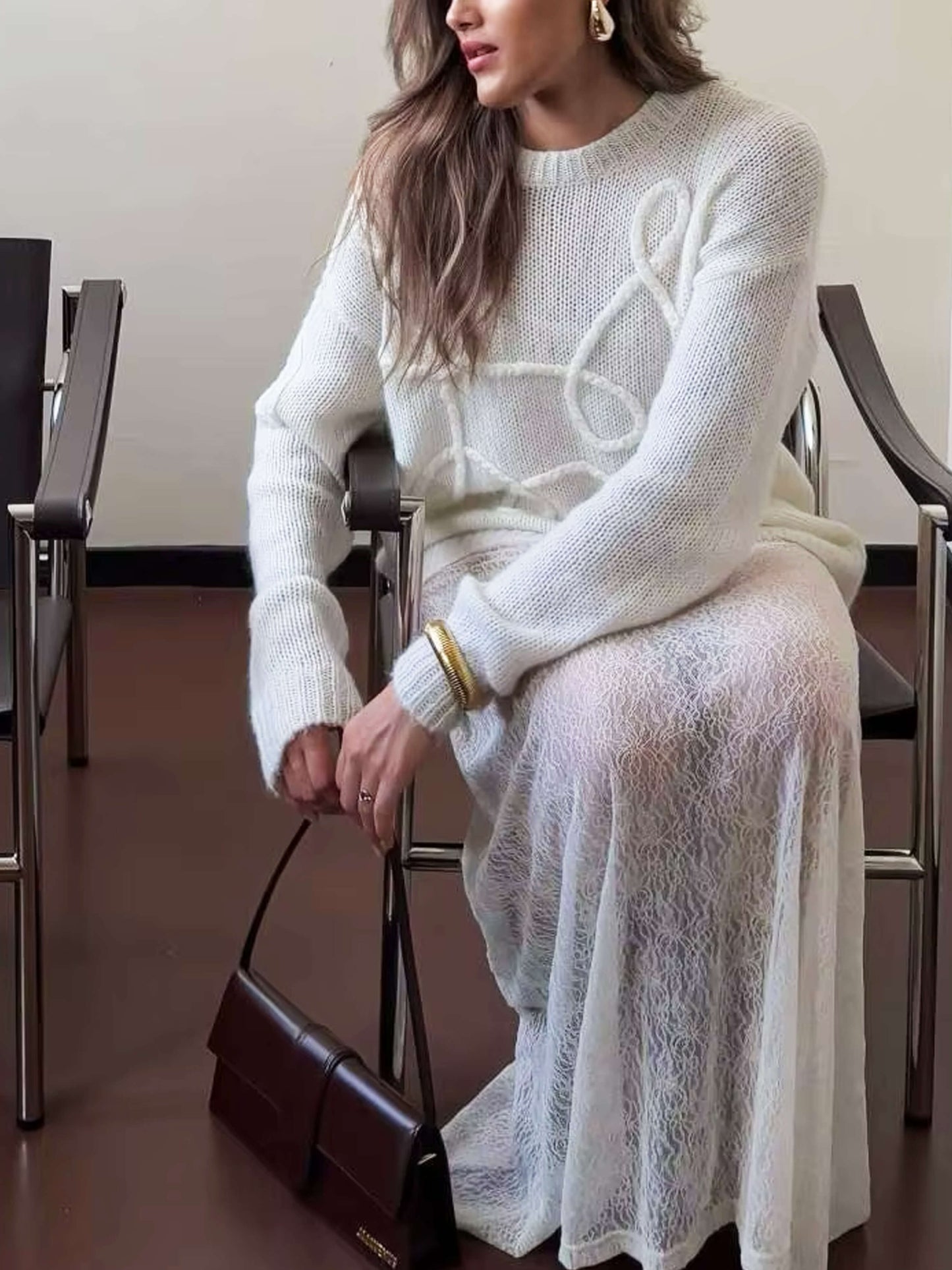 Damen Strickpullover Oversize Rundhals mit Stickmuster