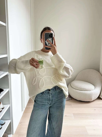 Damen Strickpullover Oversize Rundhals mit Stickmuster - Eveloria