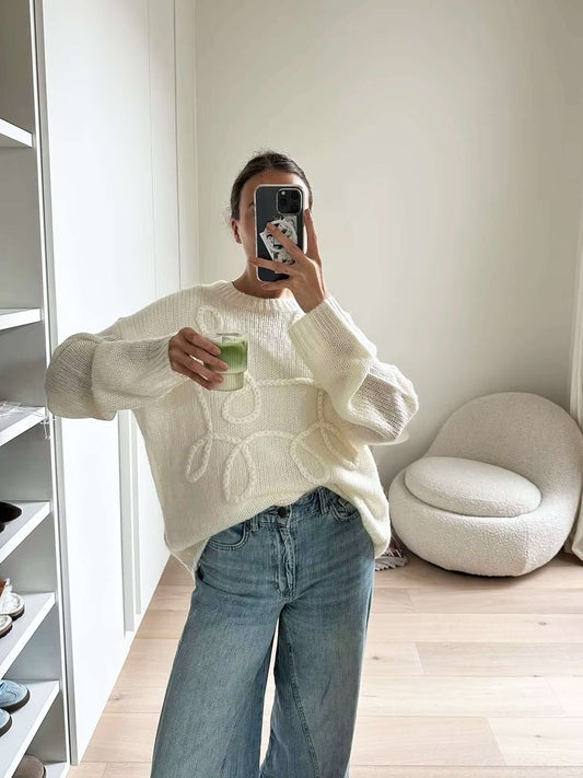 Damen Strickpullover Oversize Rundhals mit Stickmuster - Eveloria