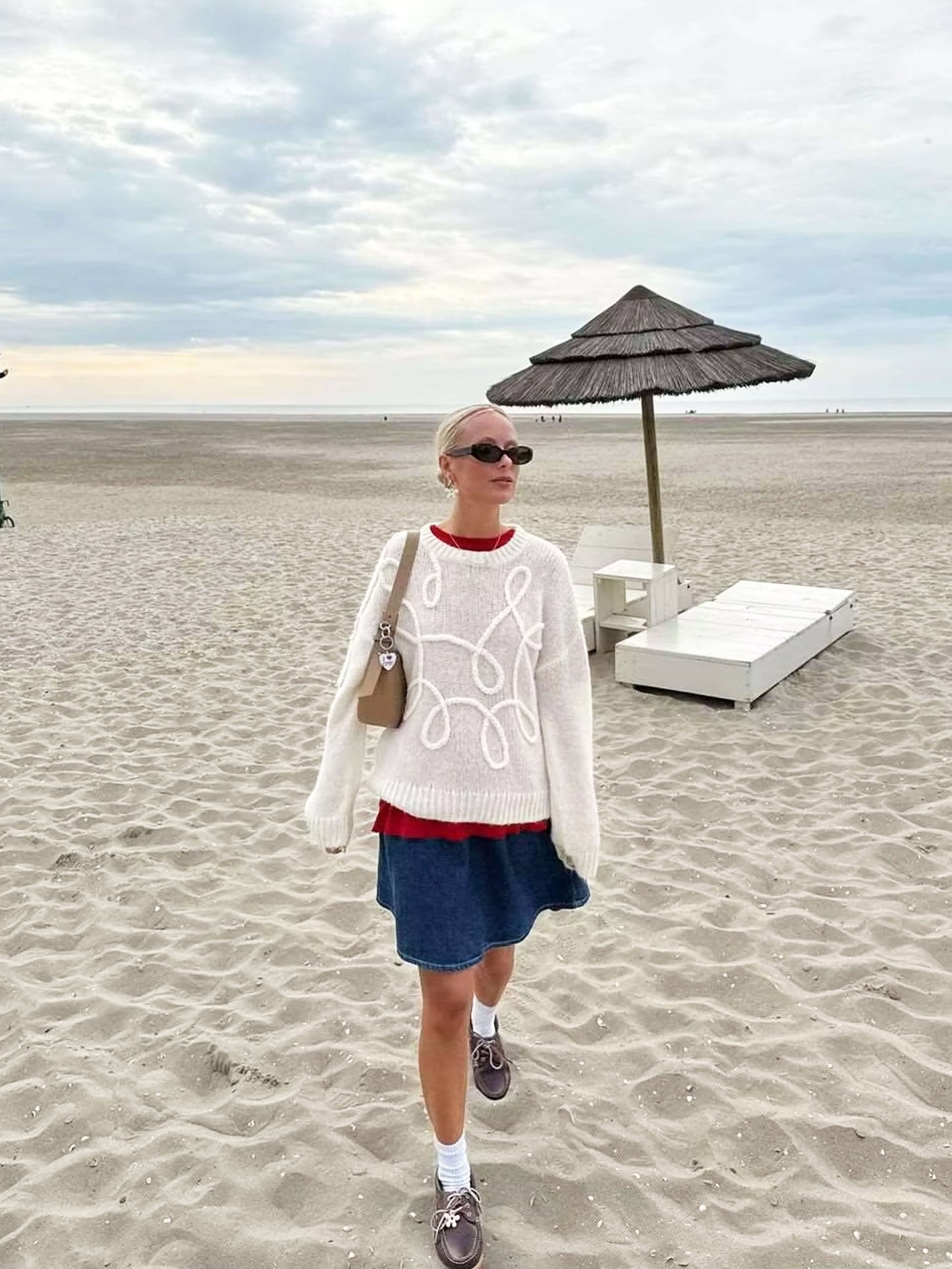 Damen Strickpullover Oversize Rundhals mit Stickmuster