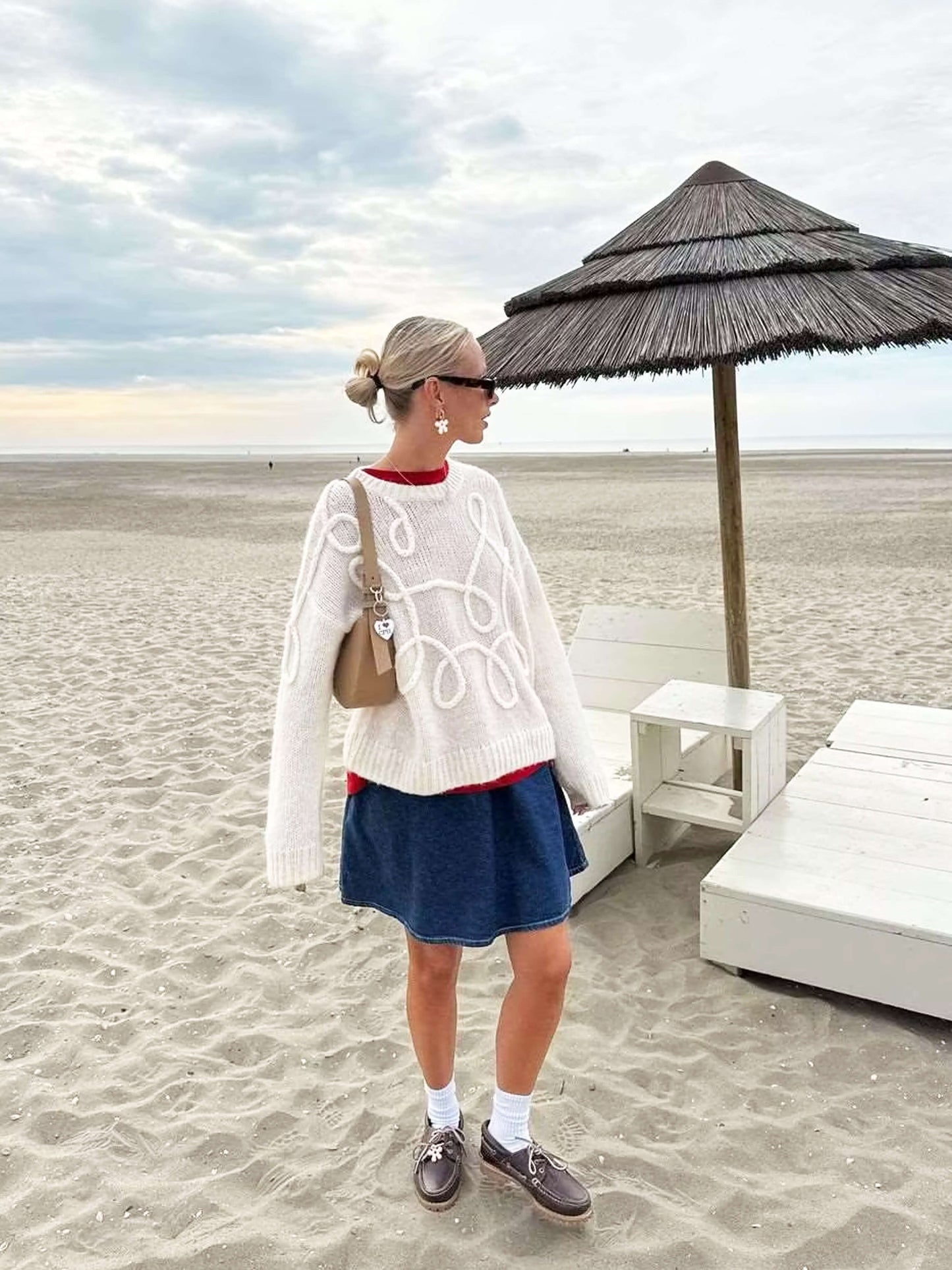 Damen Strickpullover Oversize Rundhals mit Stickmuster
