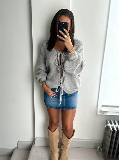 Damen Strickjacke Weich Schleife