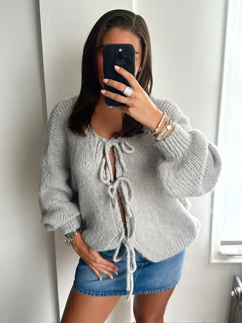 Damen Strickjacke Weich Schleife