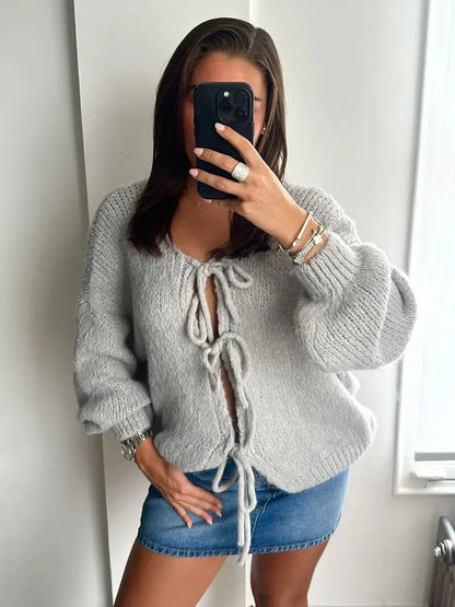 Damen Strickjacke Weich Schleife